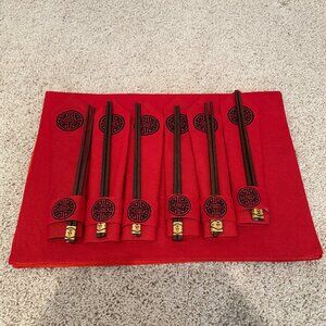 Chinese set of 6-each red placemats, napkins, napkin rings and chopsticks